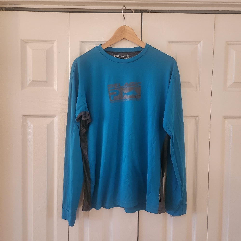 Pelagic Aquatek Fishing Shirt Men Sz Large Long Sleeve Aqua Blue
